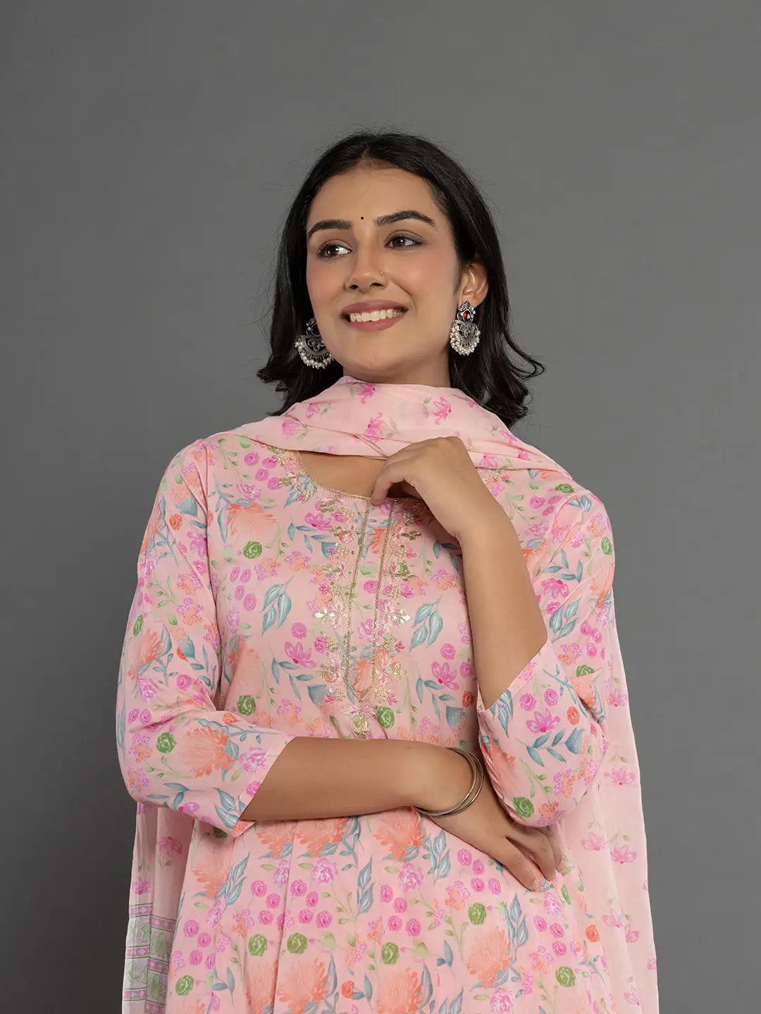 Cotton Peach Kurta Dupatta Pant Set