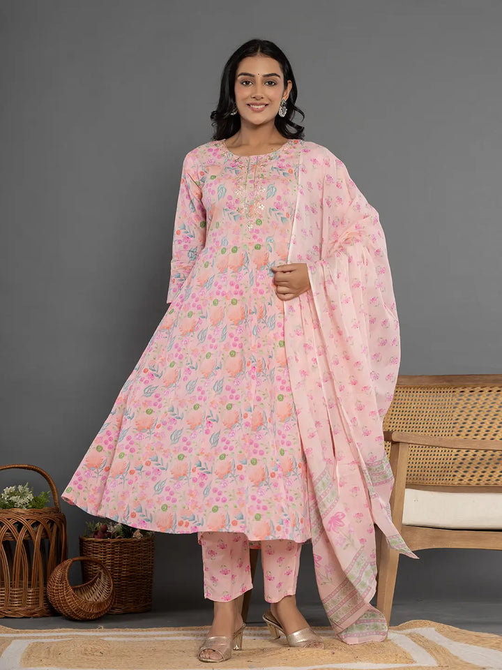 Cotton Peach Kurta Dupatta Pant Set