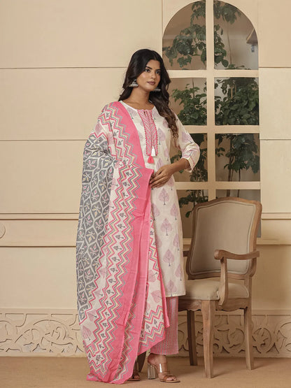 Cotton Pink And White Kurta Dupatta Set