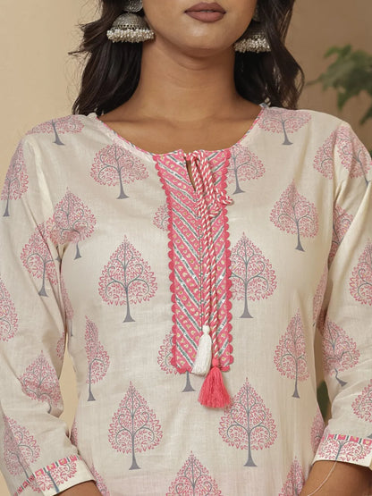 Cotton Pink And White Kurta Dupatta Set