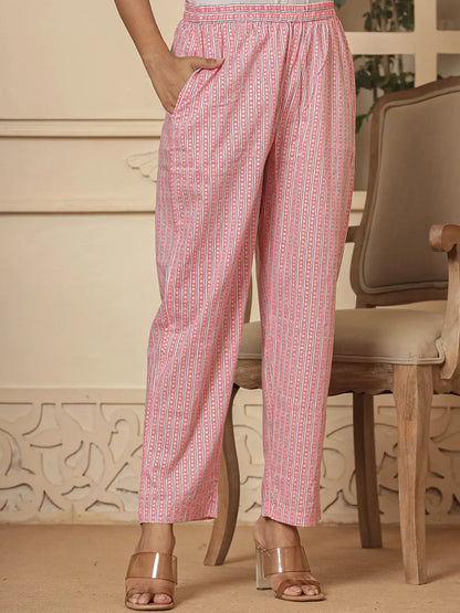 Cotton Pink And White Kurta Dupatta Set