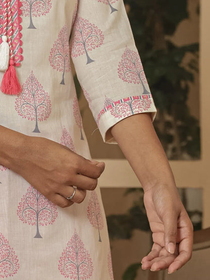 Cotton Pink And White Kurta Dupatta Set