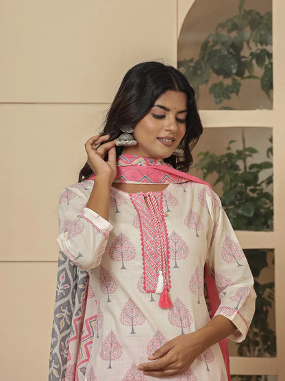 Cotton Pink And White Kurta Dupatta Set