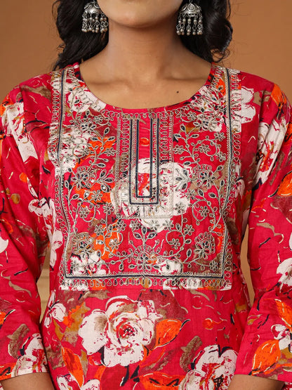 Cotton Pink Embroidered Kurta Dupatta Set