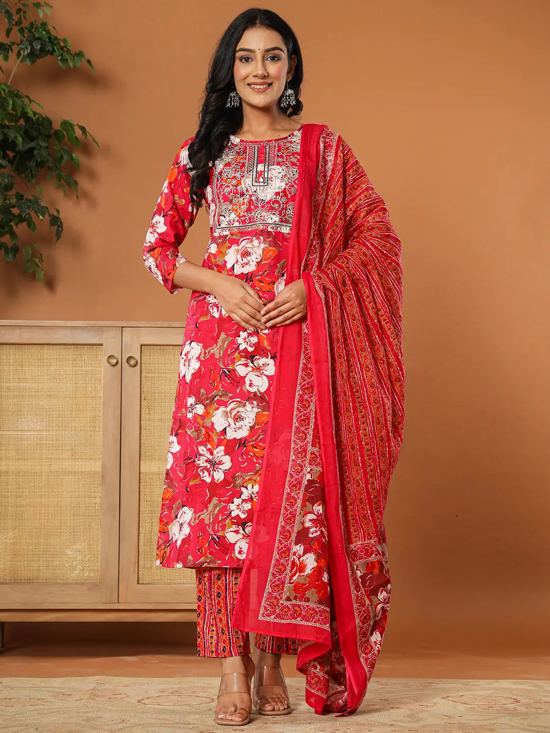 Cotton Pink Embroidered Kurta Dupatta Set