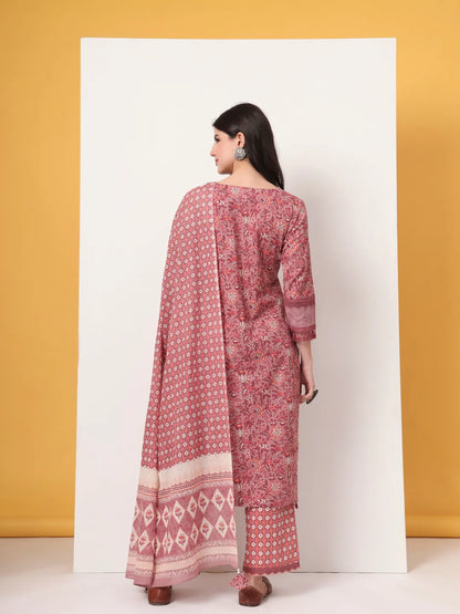 Cotton Pink Kurta Dupatta Set With Lace Detailing