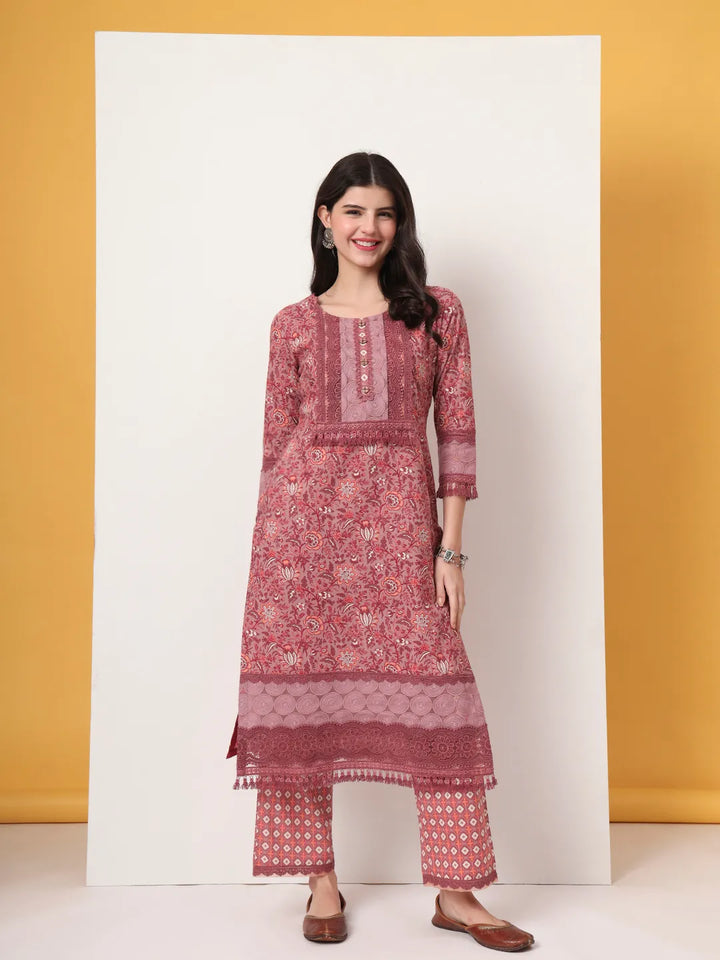Cotton Pink Kurta Dupatta Set With Lace Detailing