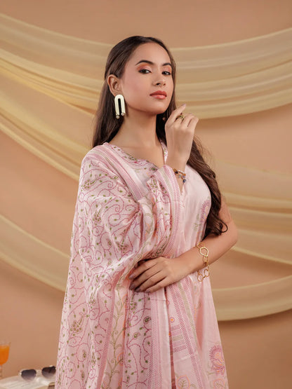 Cotton Pink Sleeveless Kurta Dupatta Set