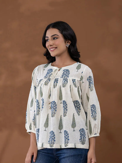 Women's White Cotton Cotton Printed Top by Yufta, suitable for wholesale buyers, boutiques, retailers, resellers and bulk fashion orders from Trendphoria