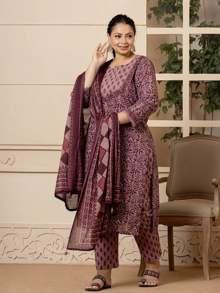 Cotton Purple Kantha Work Plus Size Kurta Dupatta Pant Set