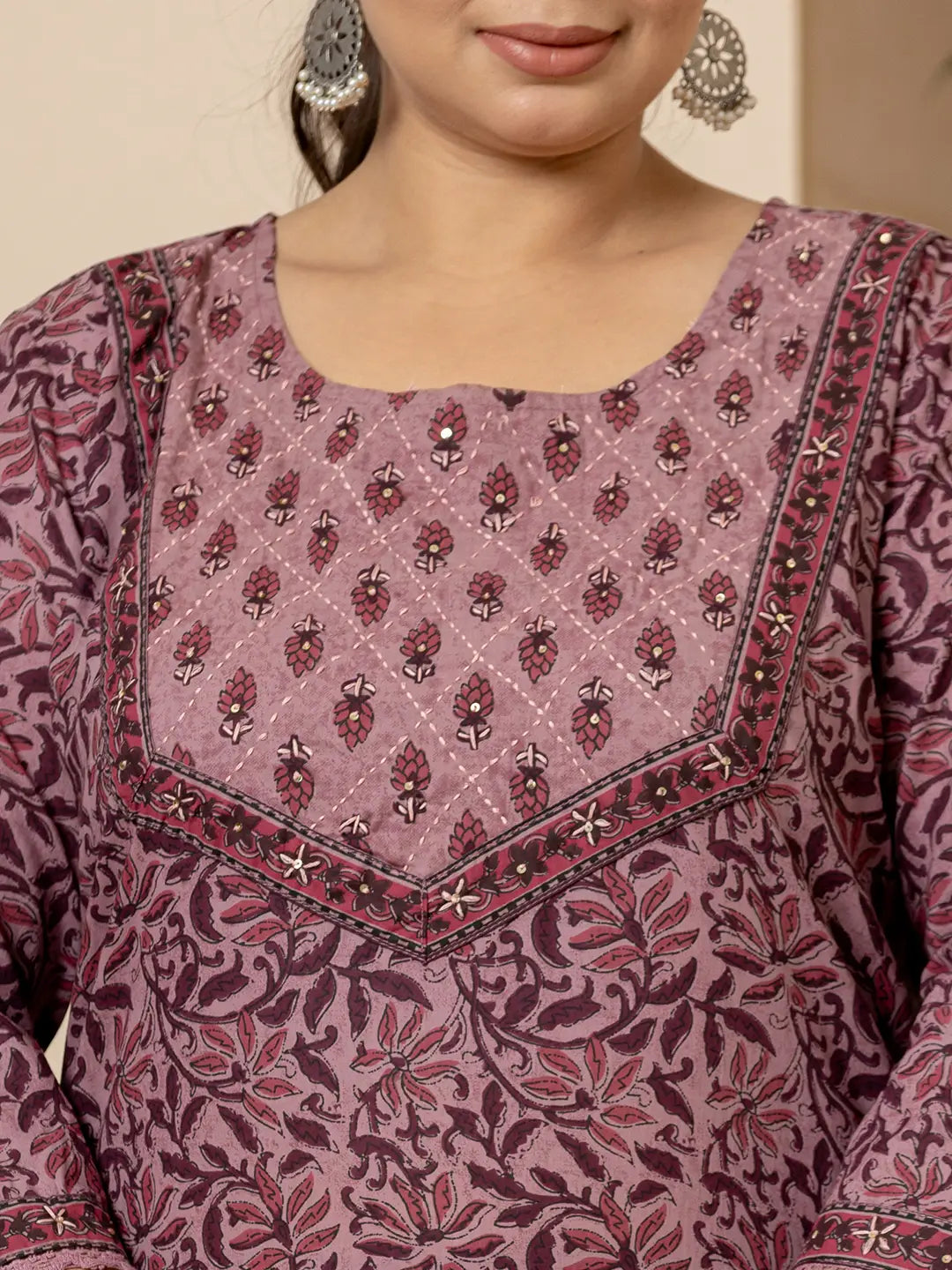 Cotton Purple Kantha Work Plus Size Kurta Dupatta Pant Set