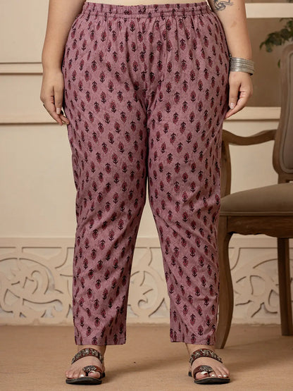 Cotton Purple Kantha Work Plus Size Kurta Dupatta Pant Set