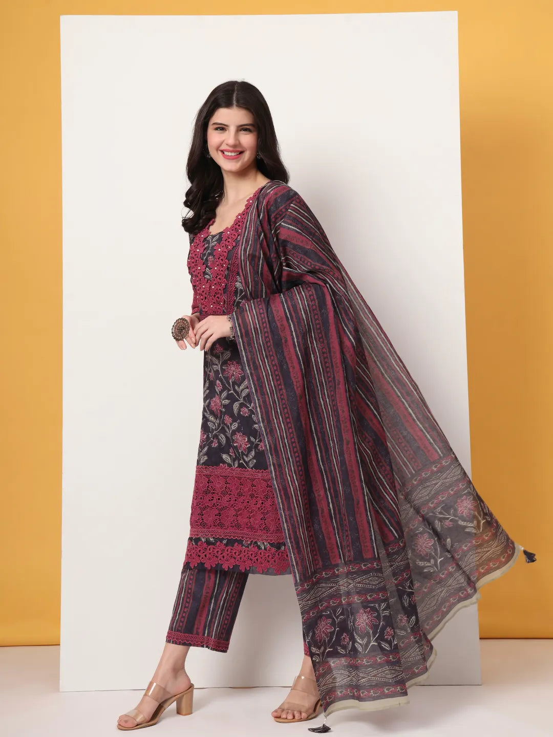 Cotton Purple Kurta Dupatta Set With Lace Detailing