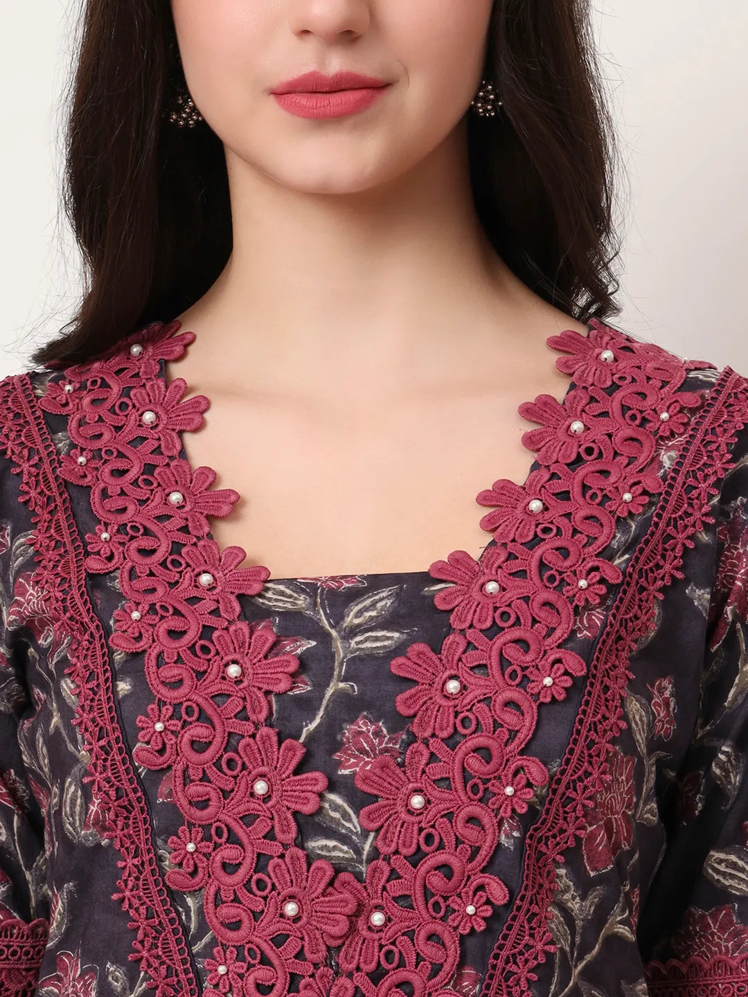 Cotton Purple Kurta Dupatta Set With Lace Detailing