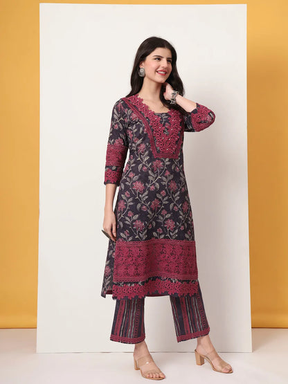 Cotton Purple Kurta Dupatta Set With Lace Detailing