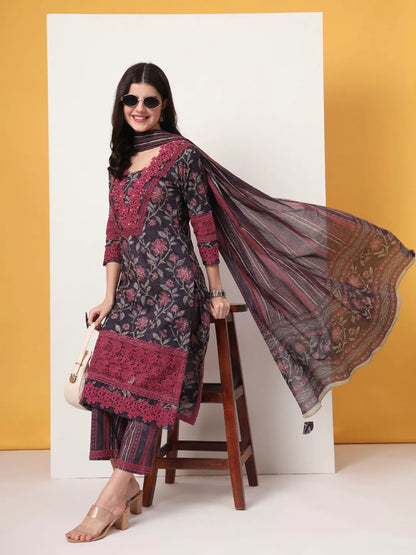Cotton Purple Kurta Dupatta Set With Lace Detailing
