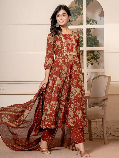 Cotton Red Anarkali Dupatta Set