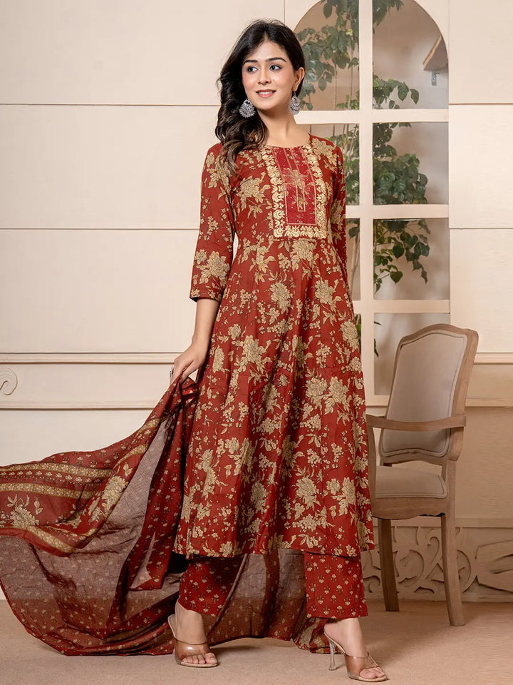 Cotton Red Anarkali Dupatta Set