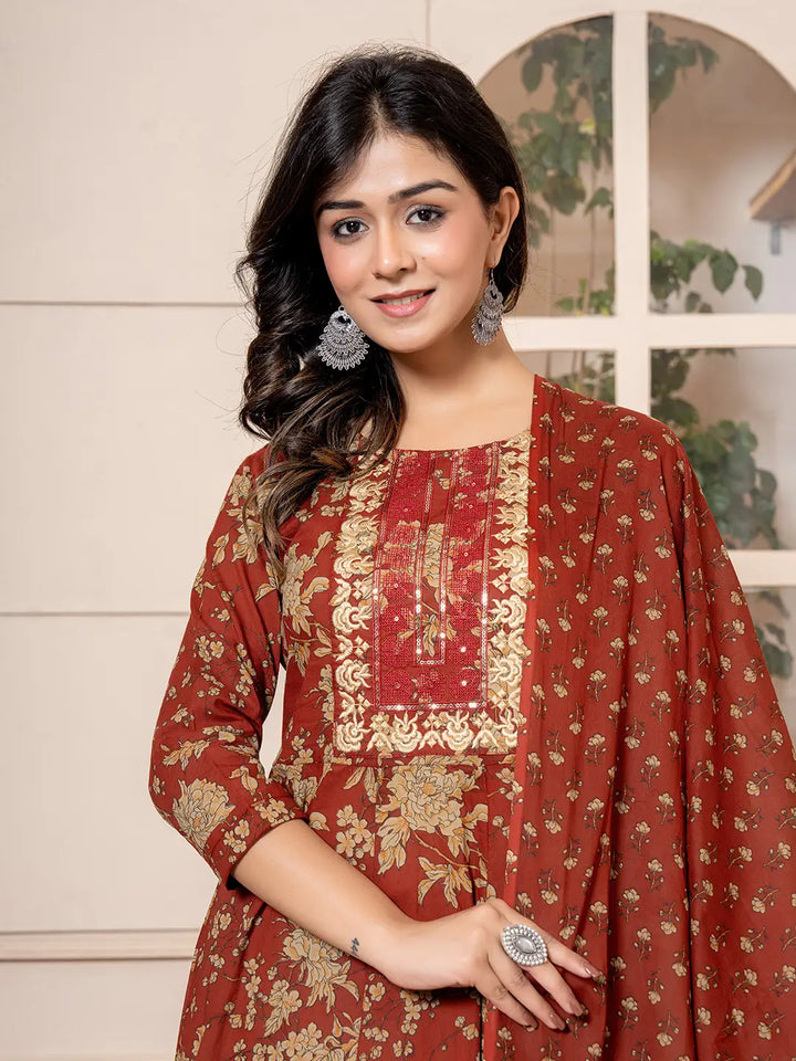 Cotton Red Anarkali Dupatta Set
