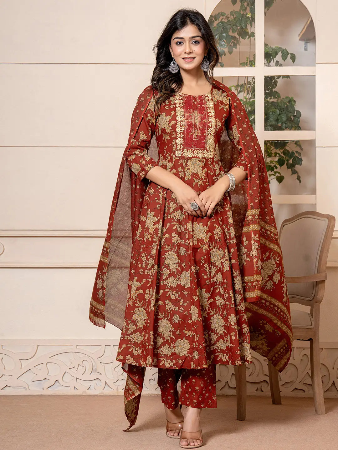 Cotton Red Anarkali Dupatta Set
