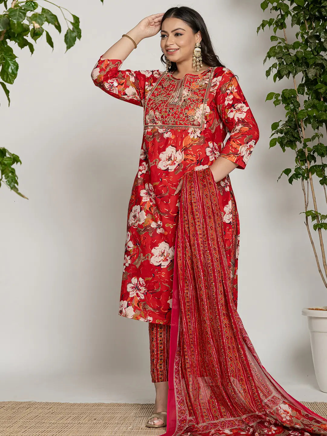 Cotton Red Embroidered Plus Size Kurta Dupatta Set