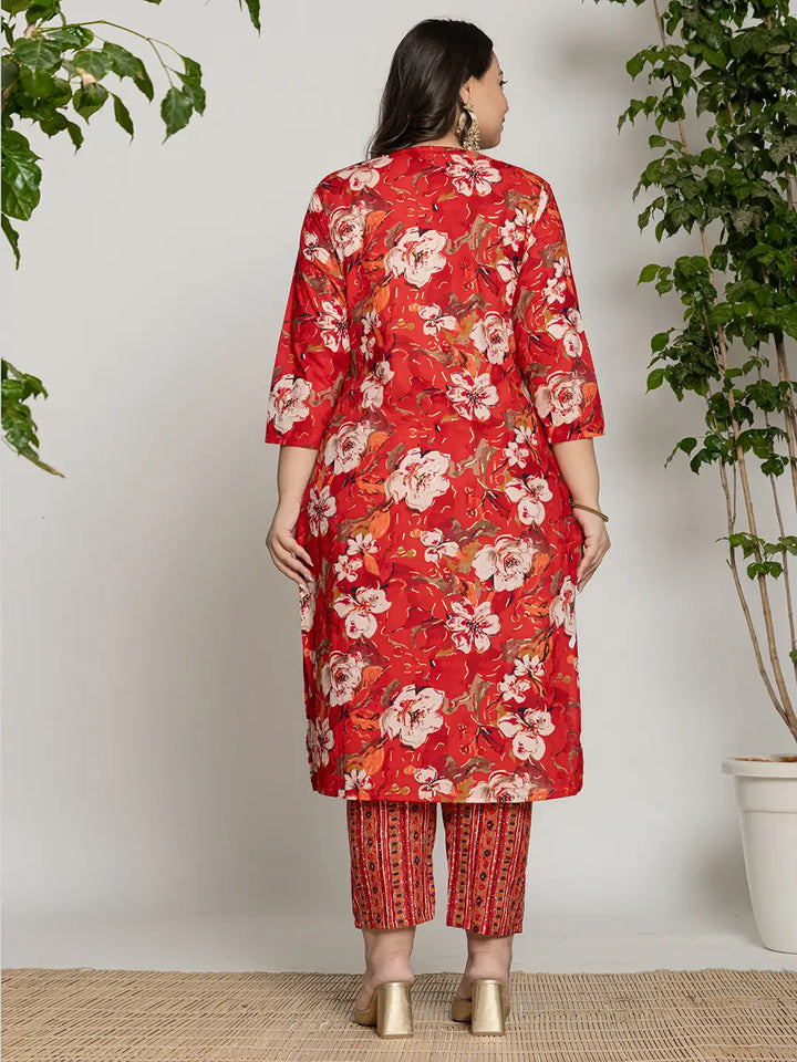 Cotton Red Embroidered Plus Size Kurta Dupatta Set