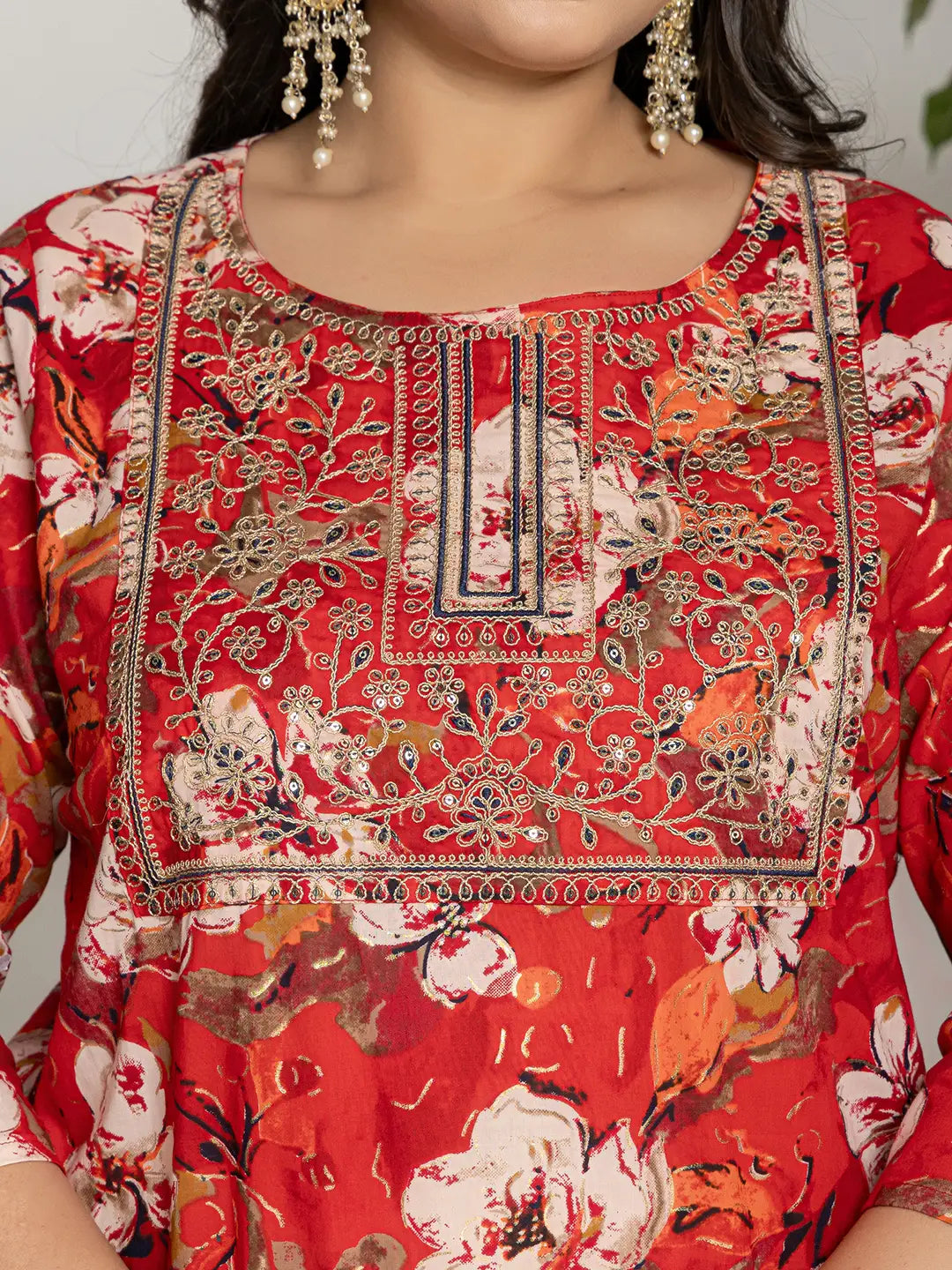 Cotton Red Embroidered Plus Size Kurta Dupatta Set