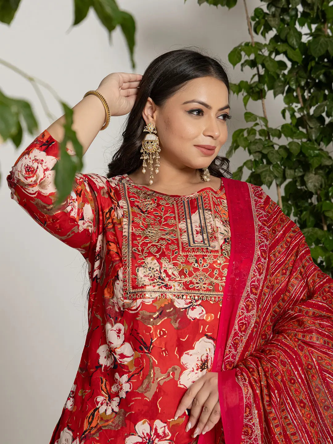Cotton Red Embroidered Plus Size Kurta Dupatta Set