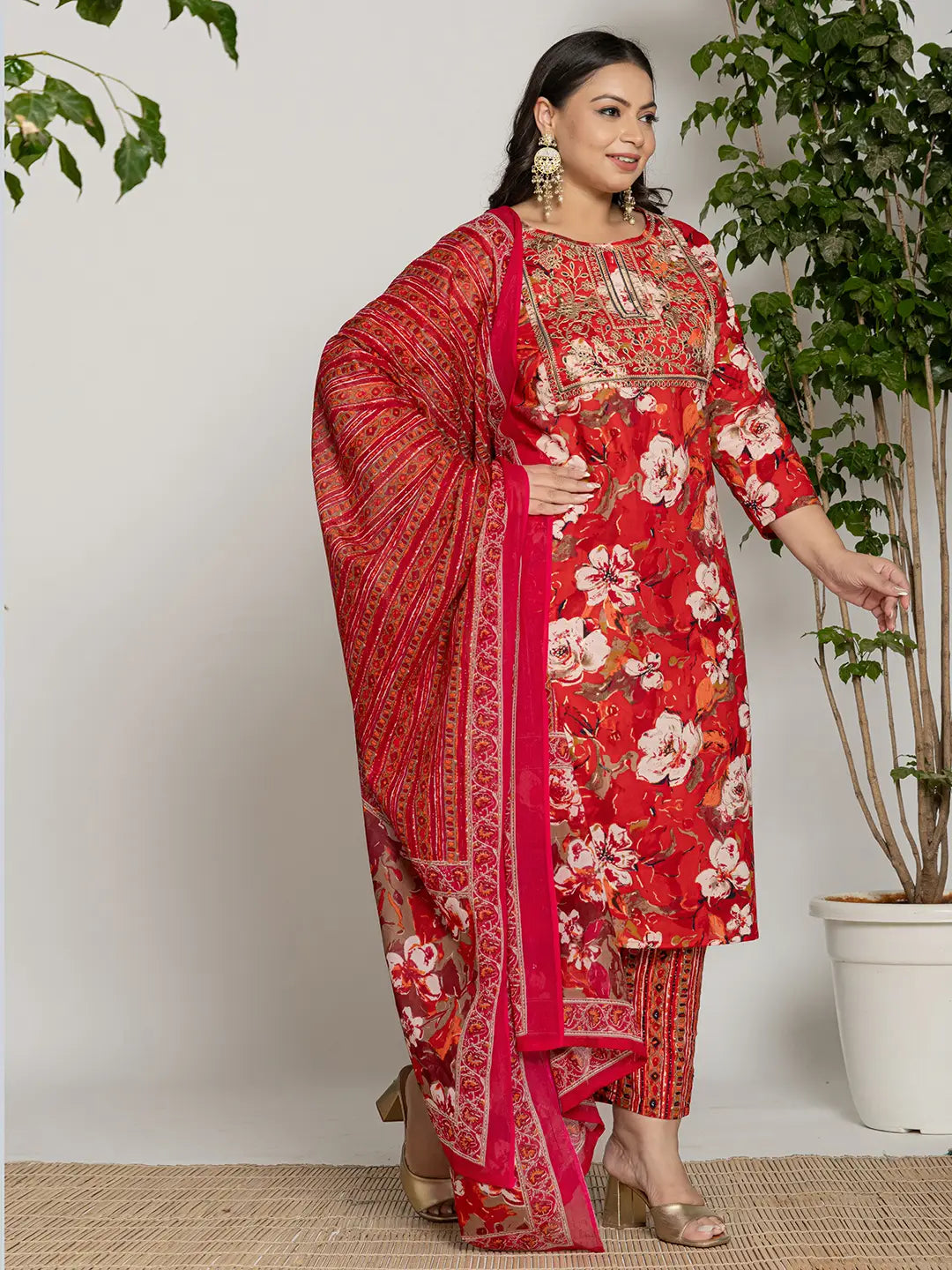 Cotton Red Embroidered Plus Size Kurta Dupatta Set