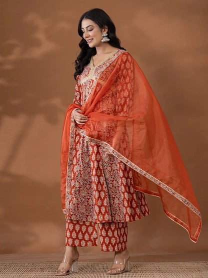 Cotton Rust Anarkali Ethnic Motifs Kurta Dupatta Set