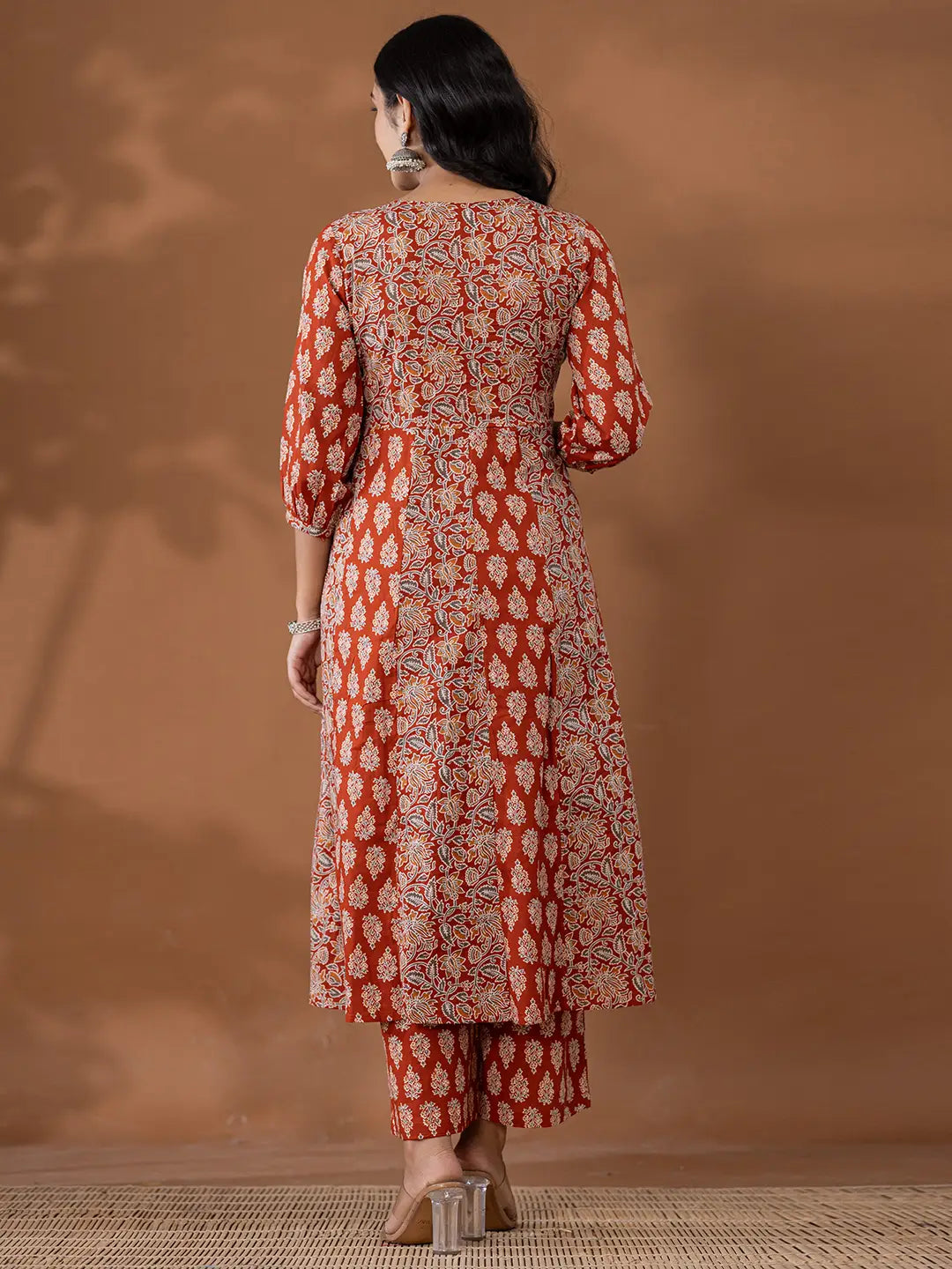 Cotton Rust Anarkali Ethnic Motifs Kurta Dupatta Set