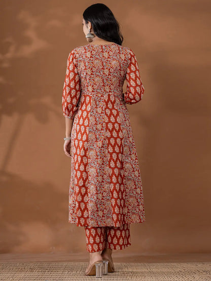 Cotton Rust Anarkali Ethnic Motifs Kurta Dupatta Set