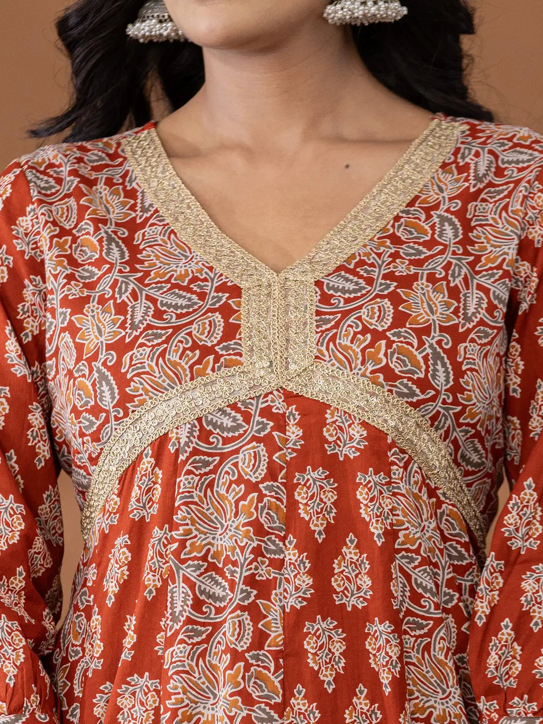 Cotton Rust Anarkali Ethnic Motifs Kurta Dupatta Set