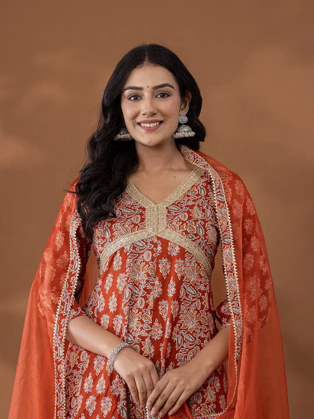Cotton Rust Anarkali Ethnic Motifs Kurta Dupatta Set