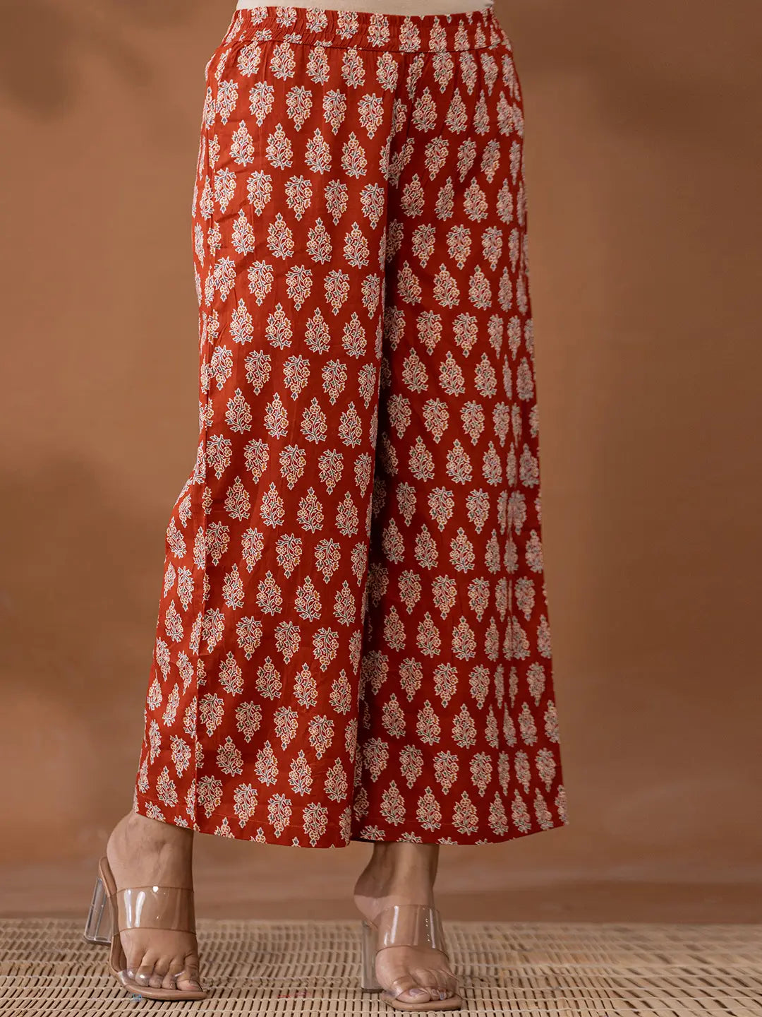 Cotton Rust Anarkali Ethnic Motifs Kurta Dupatta Set