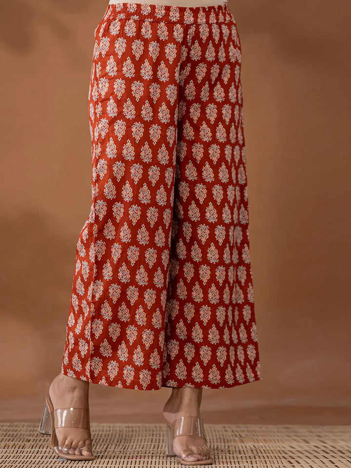 Cotton Rust Anarkali Ethnic Motifs Kurta Dupatta Set