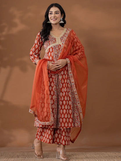 Cotton Rust Anarkali Ethnic Motifs Kurta Dupatta Set