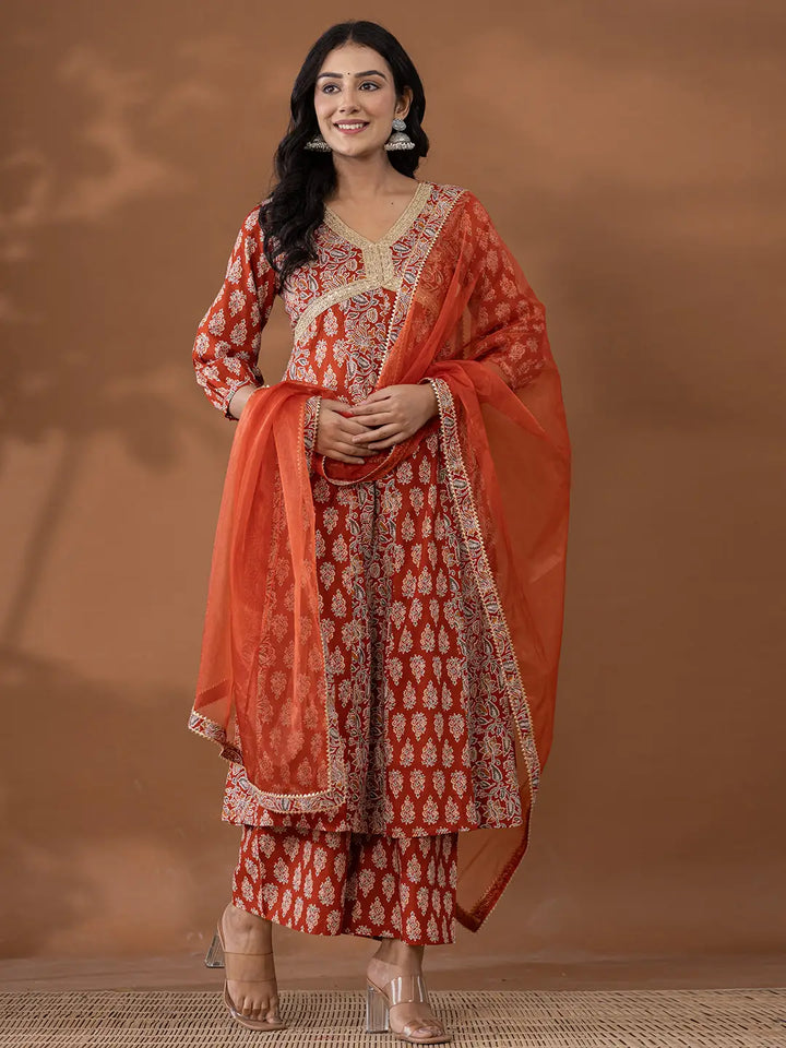 Cotton Rust Anarkali Ethnic Motifs Kurta Dupatta Set