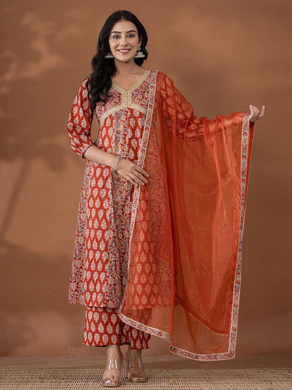 Cotton Rust Anarkali Ethnic Motifs Kurta Dupatta Set
