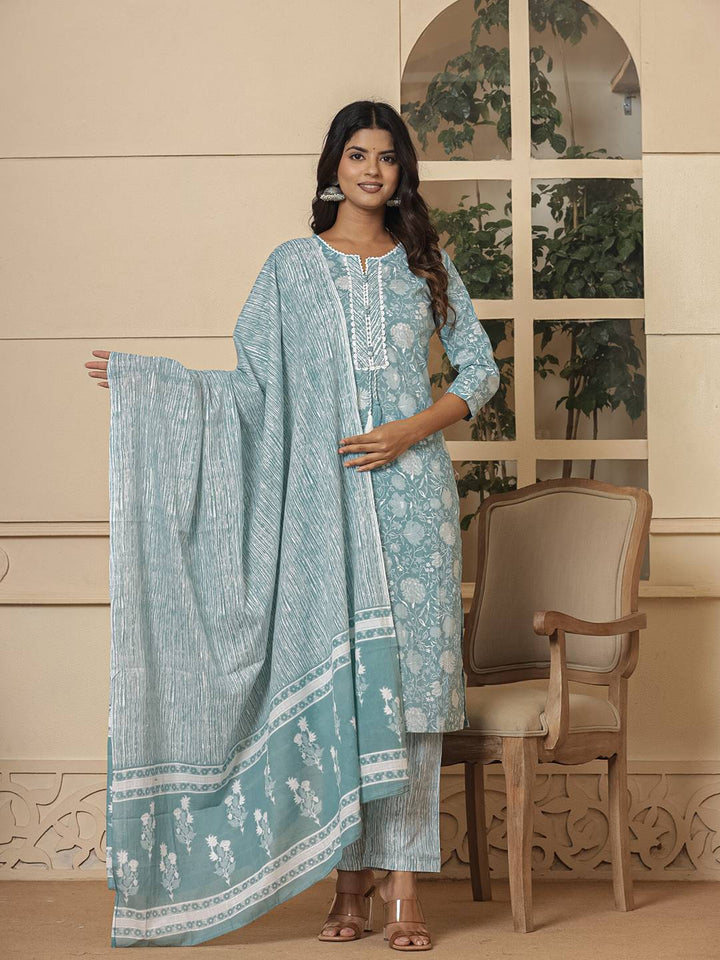 Cotton Sea Green Sequins Work Straight Kurta Dupatta Set