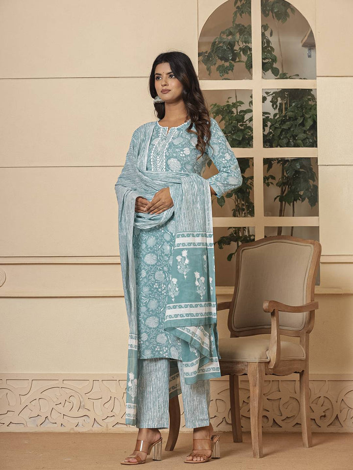 Cotton Sea Green Sequins Work Straight Kurta Dupatta Set
