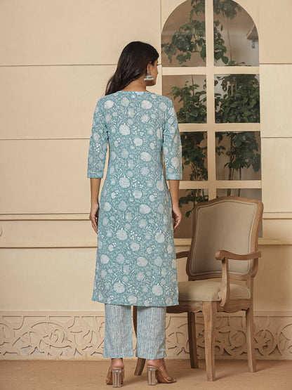 Cotton Sea Green Sequins Work Straight Kurta Dupatta Set