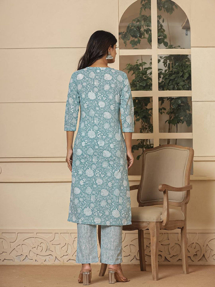 Cotton Sea Green Sequins Work Straight Kurta Dupatta Set