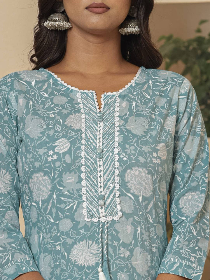 Cotton Sea Green Sequins Work Straight Kurta Dupatta Set