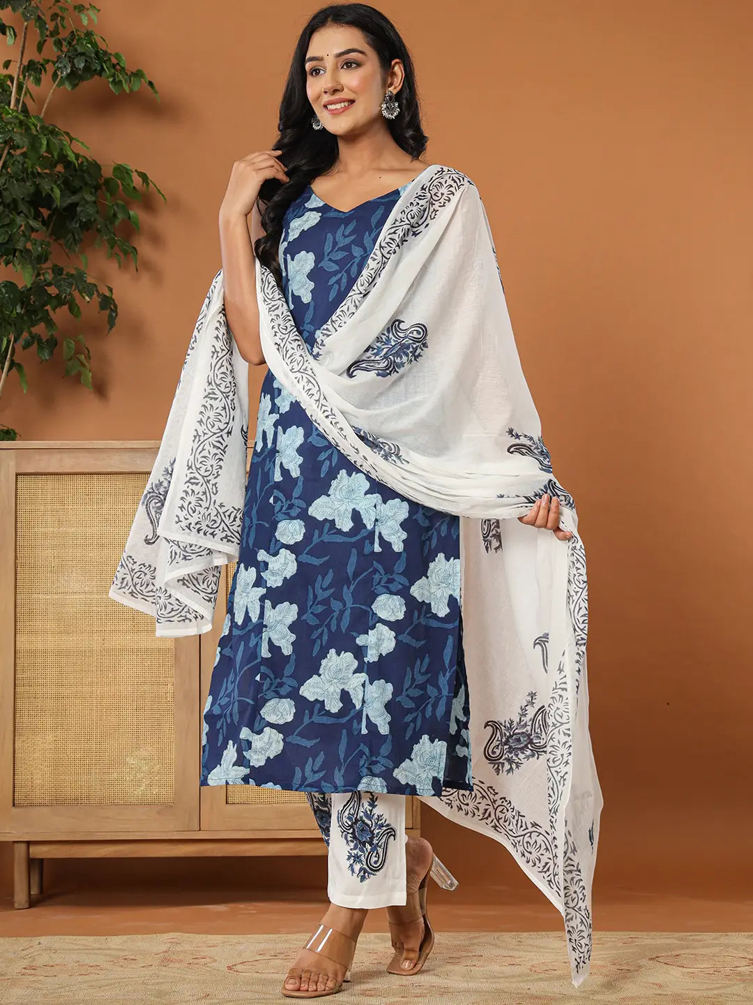 Cotton Strappy Block Print Kurta Dupatta Set