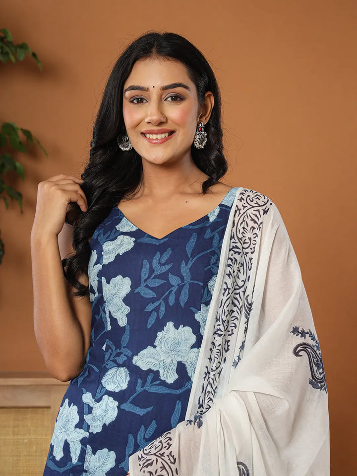 Cotton Strappy Block Print Kurta Dupatta Set