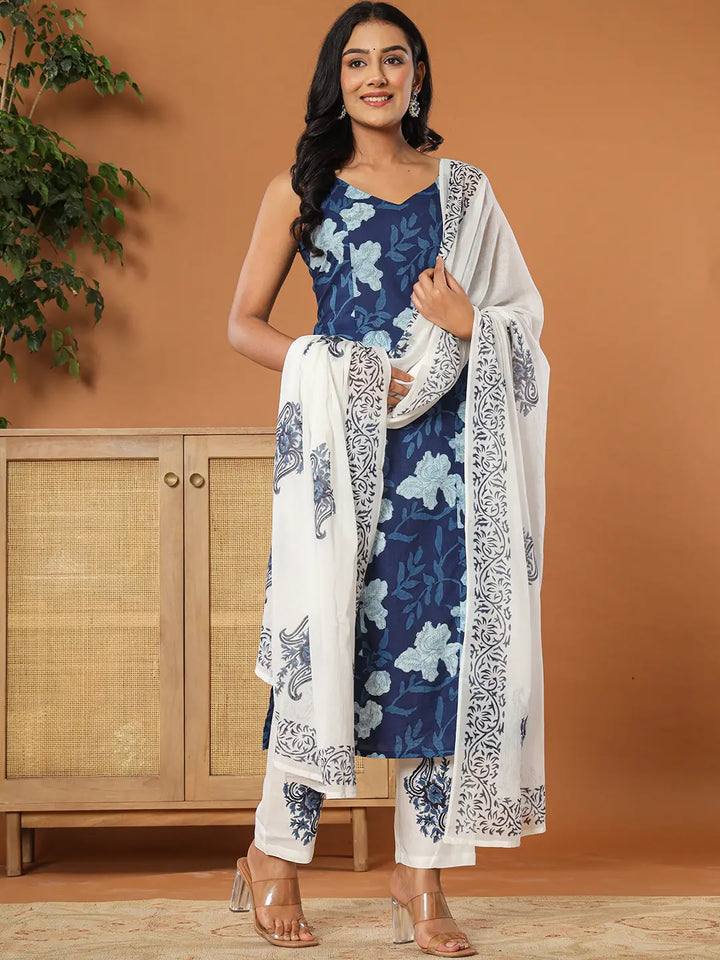 Cotton Strappy Block Print Kurta Dupatta Set