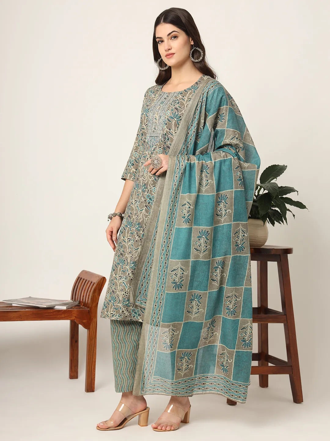Cotton Teal And Grey Cotton Dori Embroidery Kurta Dupatta Pant Set