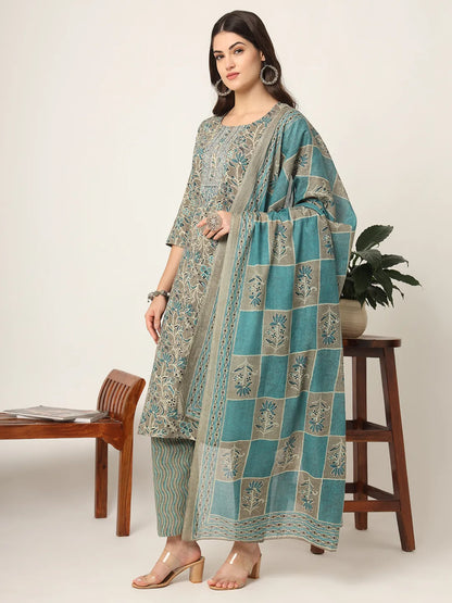 Cotton Teal And Grey Cotton Dori Embroidery Kurta Dupatta Pant Set