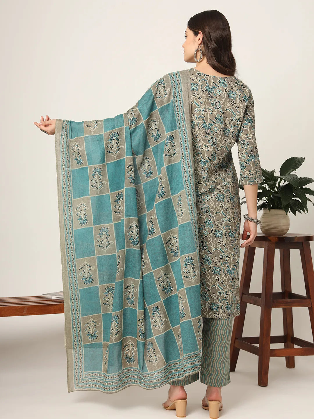 Cotton Teal And Grey Cotton Dori Embroidery Kurta Dupatta Pant Set